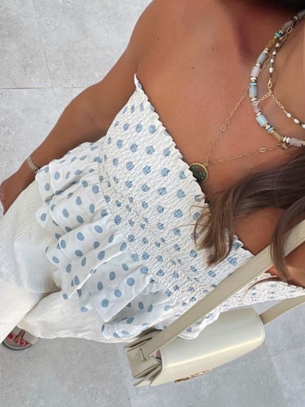 Blue & white polka dot ruffle top | ZARA